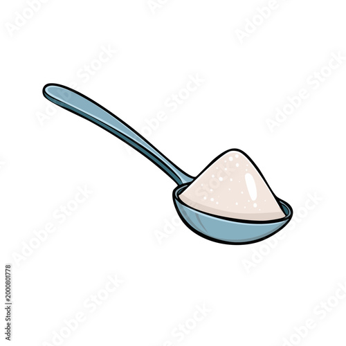 A silver spoon holding a pile of white crystalline sugar granules a common sweetener