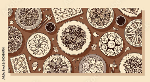 Top view illustration of a table filled with various Asian dishes including dumplings, noodles, and stir-fry in a warm brown tone.
