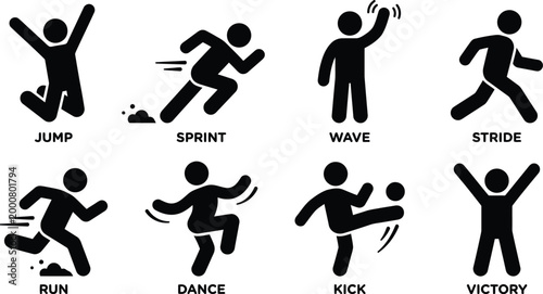 Stick Figure Action Icon Set Representing Running Jumping Dancing and Sports Success for Fitness Branding and App Design.