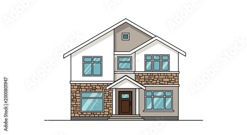 Clean flat illustration of a modern two-story suburban house with white siding, stone accents, and many blue glass windows.