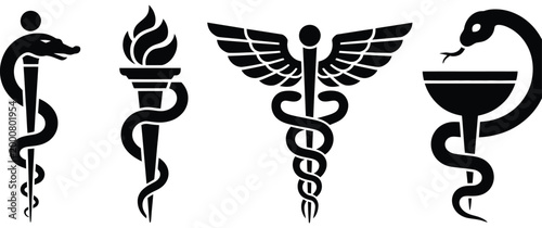 Caduceus snake icon vector set, medical logo symbol representing healthcare, medicine, pharmacy, healing, and professional medical services branding, clean modern isolated illustration.