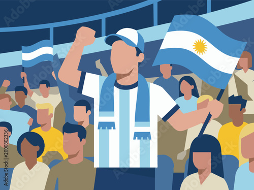 Argentinian soccer fans celebrating with flags in a stadium, flat vector illustration