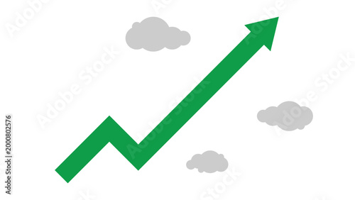 Green Business Arrow Slight Rise Then Sharp Surge Upward in Grey Sky with Clouds Representing Sudden Growth and Economic Recovery