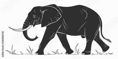 Canvastavla Stylized black silhouette of an african elephant with tusks walking in profile t