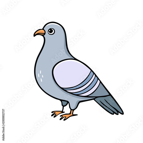 Cute cartoon illustration of a friendly gray pigeon standing and looking to the side