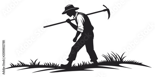 Foto Farmer with pickaxe and hat walking in a field with grass silhouette black and w