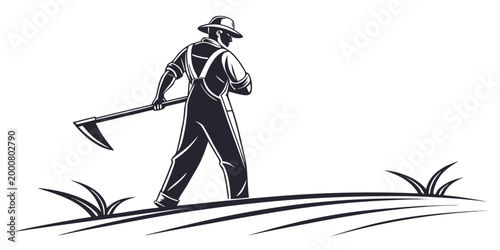 Bilde på lerret Farmer with scythe working in a field silhouette black and white farming equipme