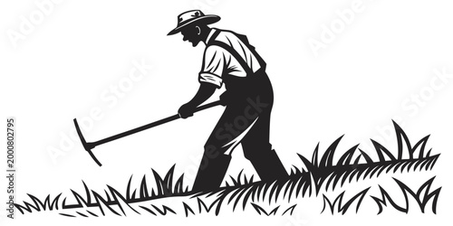 Canvas Print Silhouette farmer with hoe working in a field line art manual labor old fashione