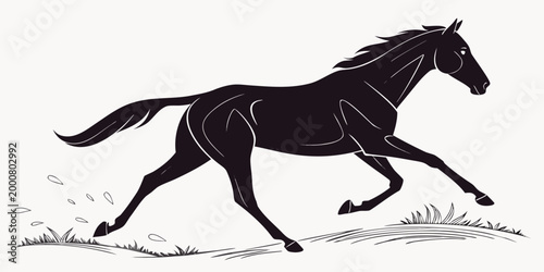 Vászonkép Black silhouette of a running horse with a flowing mane and tail kicking up dust