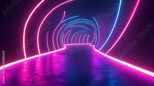 Futuristic Neon Light Trails Abstract Background, Blue Pink Glowing Lines Motion, Cyberpunk Speed Flow, Digital Technology Wave Design