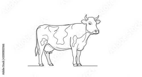 Minimalist black and white line art illustration of a standing cow with patches, suitable for farm or dairy related educational materials.