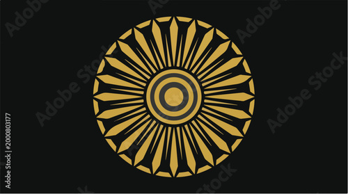 Intricate golden sun symbol with pointed rays and concentric circles on deep black background