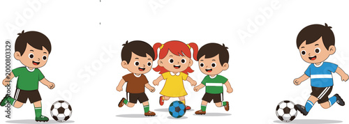 Cute Cartoon Kids Playing Soccer Football Set with Boys and Girls Kicking Ball and Teamwork for Sports and Children Themed Designs
