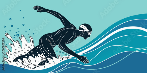 Quadro em tela Swimmer performing freestyle stroke in stylized blue water with butterfly stroke