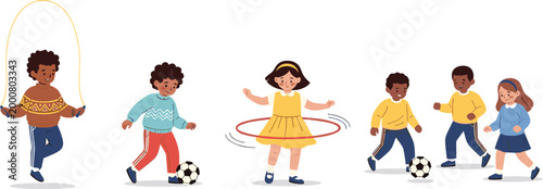 Cute Diverse Cartoon Children Doing Physical Activities with Jump Rope, Soccer, and Hula Hoop for Kids, Sports, and Education Designs