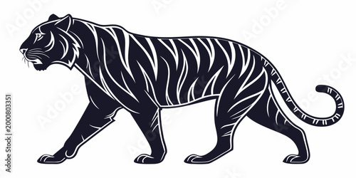Black silhouette of a tiger walking isolated on a white background big cat silhouette wildlife predator carnivore dangerous powerful graceful illustration isolated territory strength
