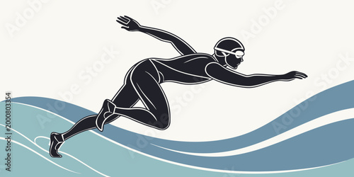 Black silhouette of a swimmer with arms extended moving through stylized blue waves silhouette swimming activity recreation movement abstract illustration minimalist teenager competition