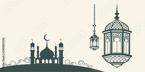 Islamic mosque silhouette with minarets dome ornate fanoos lanterns with crescent moon symbol religious building holy month middle east crescent celebration illustration silhouette