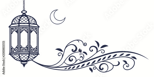 Ornate traditional lantern with elaborate swirl decoration and crescent moon cultural graphic white background line art holy month design element decoration traditional arabesque religion