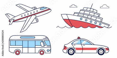 Collection of line art transportation vehicles: airplane ship bus car illustrations on white background with passenger bus design element transportation vehicles airplane logistics illustration