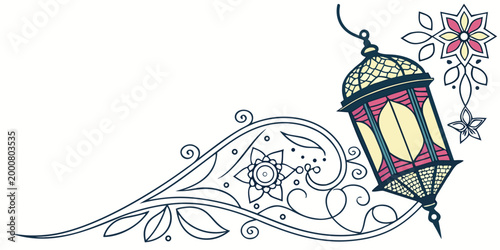 Decorative islamic fanous lantern vector art with pink and yellow floral details and elegant swirl patterns for festive ramadan backgrounds decoration ornament decorative colorful celebration