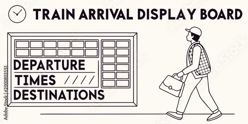 Line art illustration of a commuter with briefcase walking past a train arrival display board at a station platform representing daily transport departure commuter briefcase platform transport