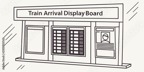 Detailed line drawing of a train arrival display board featuring timetables and passenger information for railway station wayfinding information schedule timetable transportation wayfinding