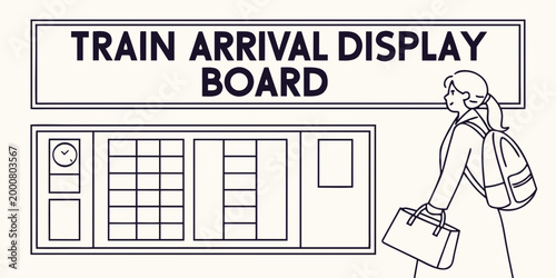 Minimalist line art illustration of a female traveler carrying a backpack and handbag walking past a large train arrival display board at a station with traveler backpack commuting platform