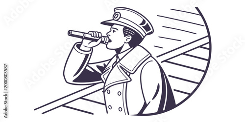 Vintage style line art illustration of a train conductor in uniform blowing a whistle or horn for railway signal with conductor professional authority illustration transport transportation