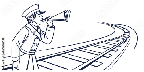 Railway conductor blowing a whistle on a train platform with conductor platform transport communication signaling announcement railroad professional departure illustration operator official
