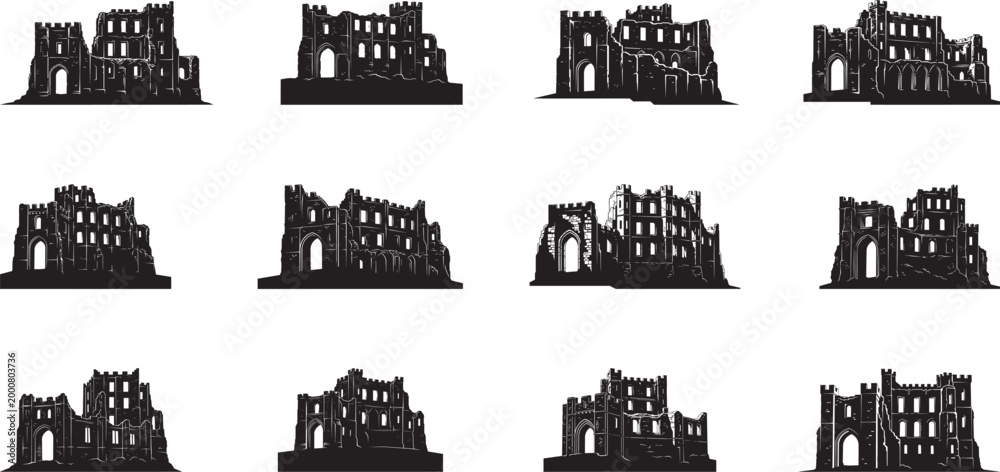 Naklejka premium Castle ruin silhouette collection, intricate architectural details, perspective is a side view vector flat illustration.