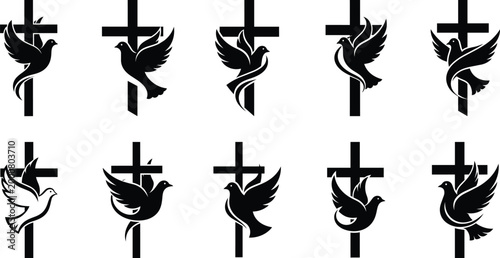 Christian cross intertwined with a dove silhouette collection, themes of faith, peace, and spirituality vector flat illustration.