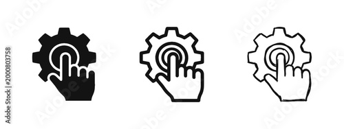 Foto Settings control icon set, hand clicking gear illustration in solid, outline and
