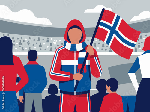 Norwegian fan cheering with flag at a sports event in a stadium