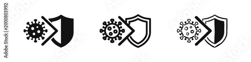 Virus protection icon set, shield blocking bacteria illustration in solid, outline and hand-drawn styles