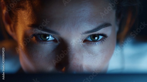 Extreme Nahaufnahme der Augen einer Frau mit intensivem Blick in bläulichem Bildschirmlicht