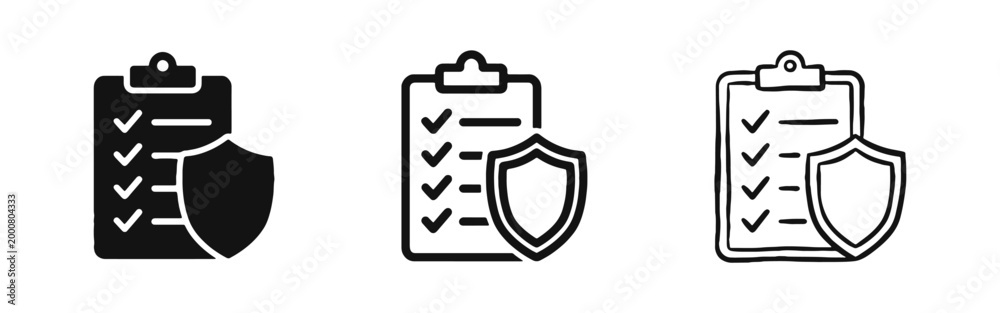 Obraz premium Secure checklist icon set, clipboard with shield illustration in solid, outline and hand-drawn styles