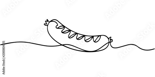 Grilled continuous one line drawing, Grilled sausage, Continuous line, sausage, Sai Us food vector illustration. Continuous one line drawing of American breakfast. Grilled sausage continuous