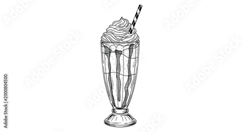 Detailed black and white line art sketch of a tall milkshake glass topped with a generous swirl of whipped cream and a striped straw.