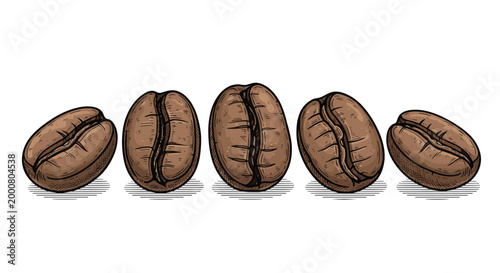 Realistic hand drawn illustration of five roasted coffee beans in different angles with detailed texture and hatching on a white background.
