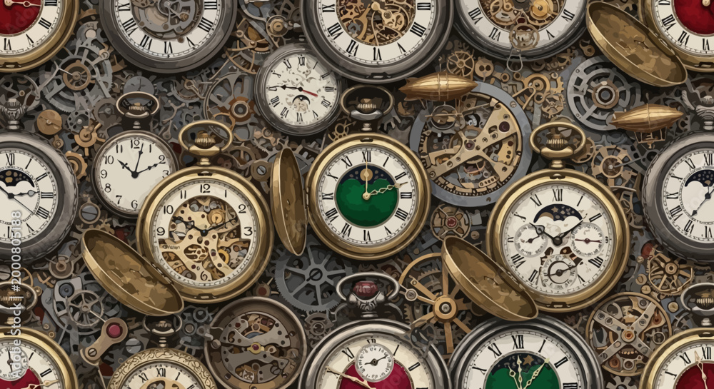 Obraz premium Collection of antique pocket watches and clockwork mechanisms