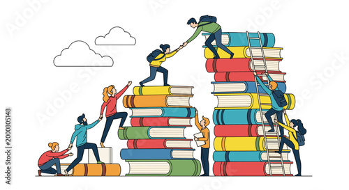 Group of ambitious students helps each other climb a tall stack of colorful books to represent the journey of education.