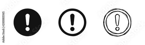 Warning exclamation mark icon set, alert attention illustration in solid, outline and hand-drawn styles