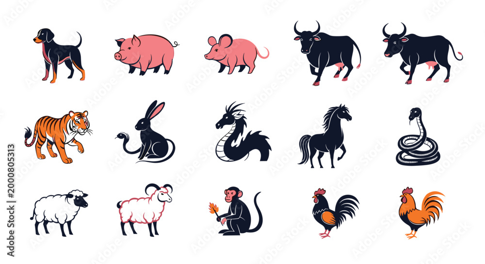 Obraz premium Artistic set of fifteen stylized animal icons representing the traditional Chinese zodiac including the tiger, dragon, horse, and snake signs.