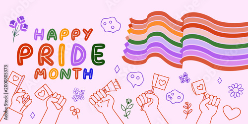 happy pride month illustration with colorful rainbow flag and hands holding flags high quality professional