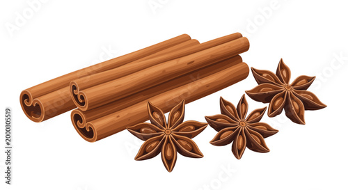 Realistic illustration of a bundle of cinnamon sticks next to several whole star anise spices, perfect for culinary and autumn themes.