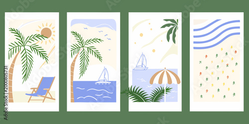 four minimalist summer themed cards with palm trees beach chair sailboat and waves high quality