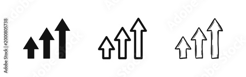 Growth and progress icon set with three upward arrows of different heights