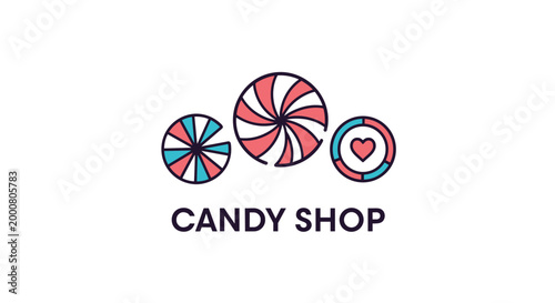 Creative candy shop logo featuring three different types of colorful striped lollipops and a heart icon with bold purple typography.