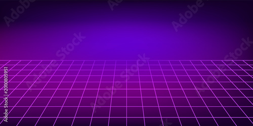 Glowing neon wireframe background. Purple shining checkered grid planes in perspective. Bright retro futuristic horizon wallpaper. Arcade game sci fi matrix surface. Vector backdrop for poster, banner